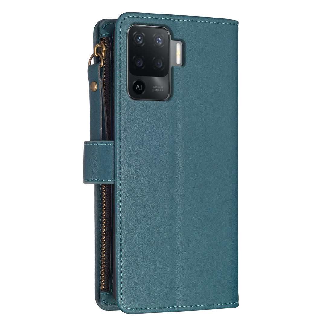 OPPO A94 4G Leather Flip Phone Case with Zipper Wallet and 9 Card Slots, Durable PU + TPU Material