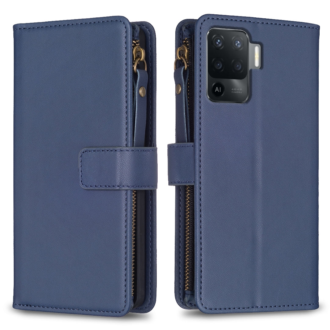 OPPO A94 4G Leather Flip Phone Case with Zipper Wallet and 9 Card Slots, Durable PU + TPU Material