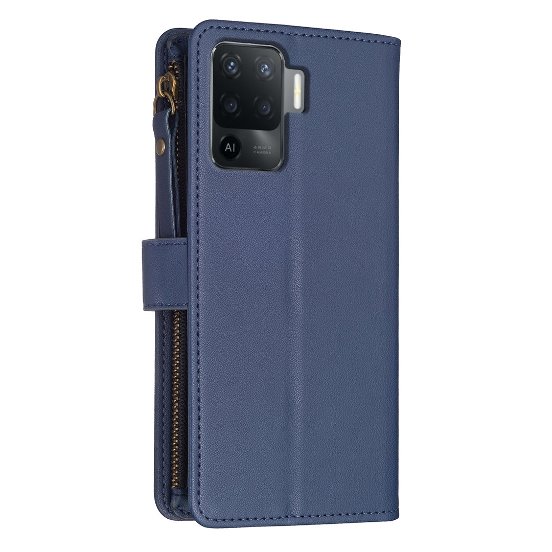 OPPO A94 4G Leather Flip Phone Case with Zipper Wallet and 9 Card Slots, Durable PU + TPU Material
