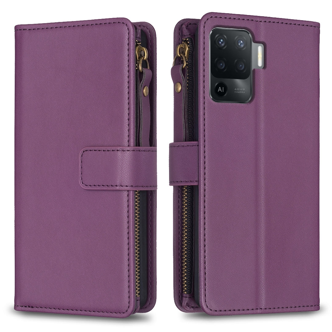 OPPO A94 4G Leather Flip Phone Case with Zipper Wallet and 9 Card Slots, Durable PU + TPU Material