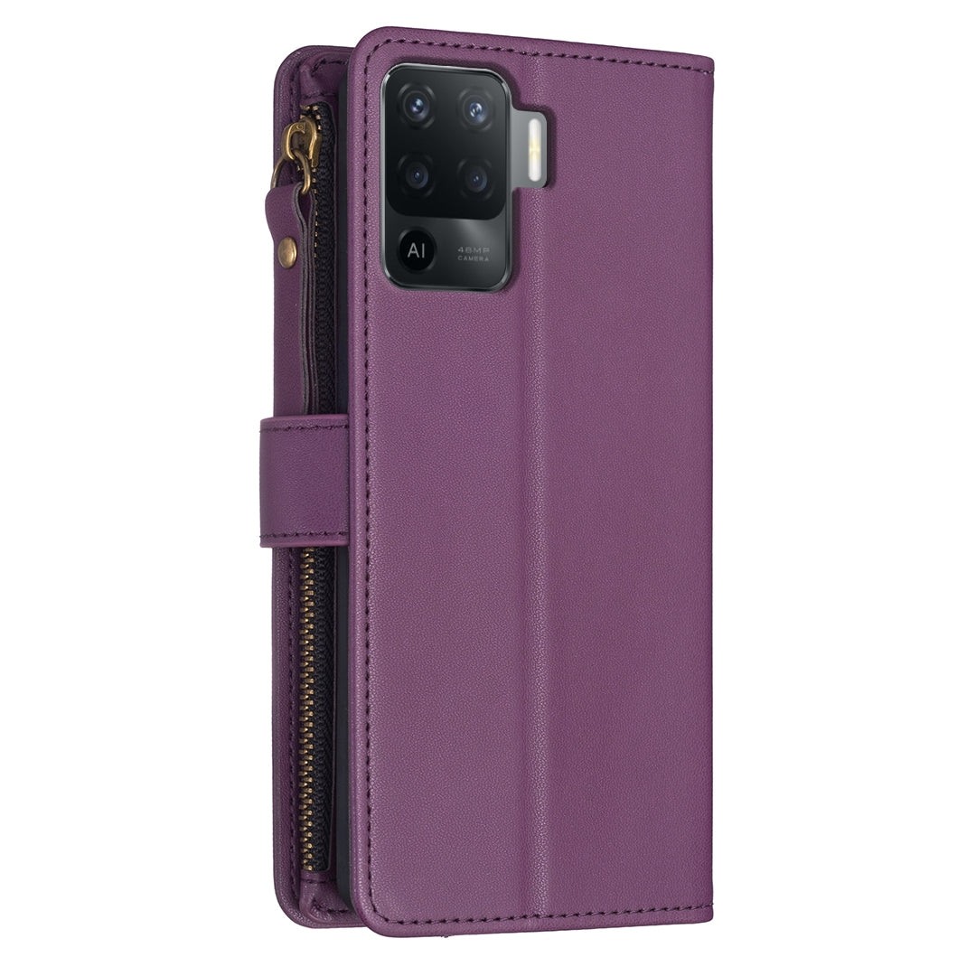 OPPO F19 Pro Leather Flip Phone Case with Zipper Wallet and 9 Card Slots, Durable PU + TPU Material