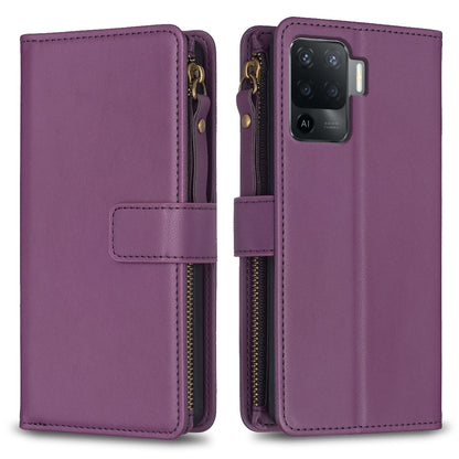 OPPO F19 Pro Leather Flip Phone Case with Zipper Wallet and 9 Card Slots, Durable PU + TPU Material