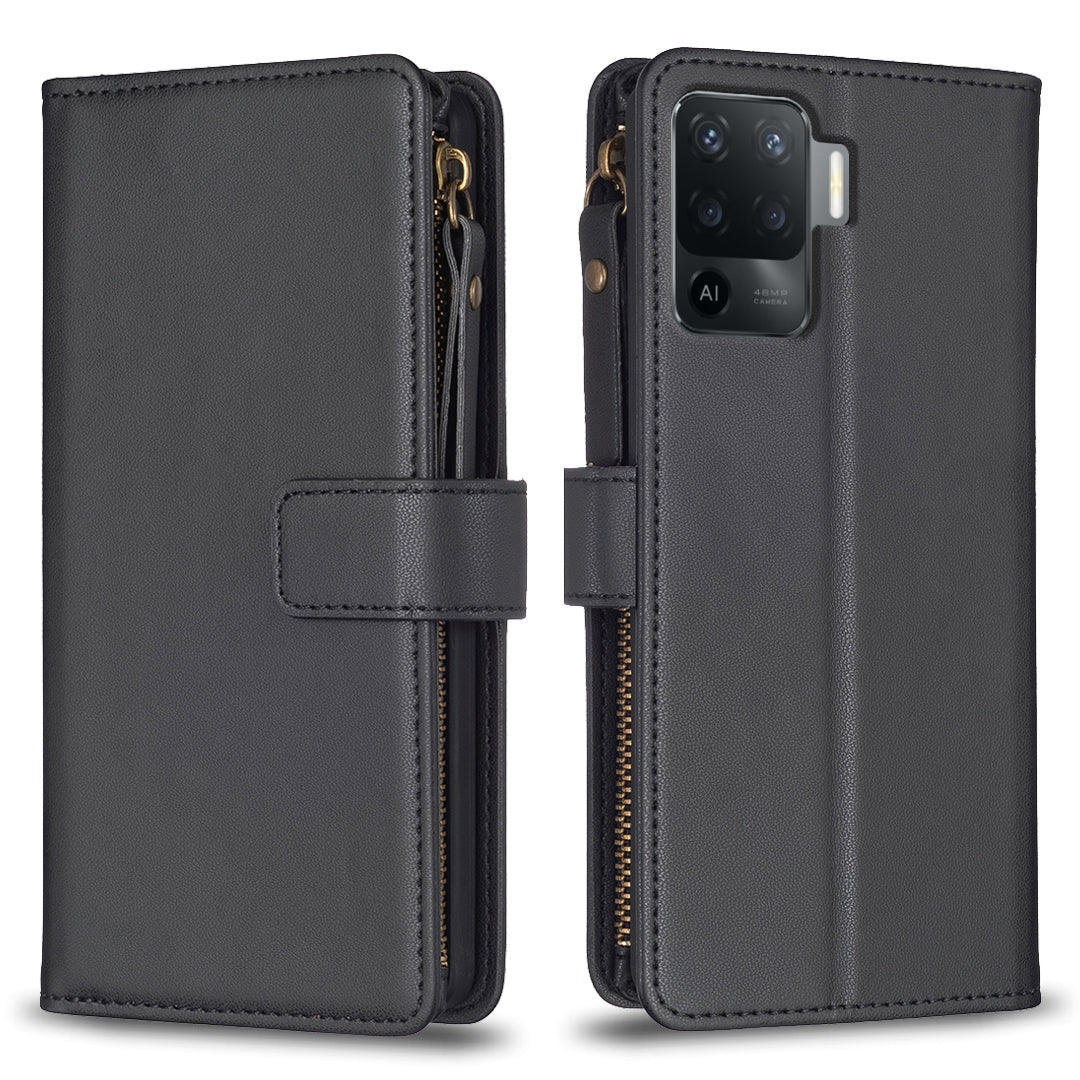 OPPO A94 4G Leather Flip Phone Case with Zipper Wallet and 9 Card Slots, Durable PU + TPU Material