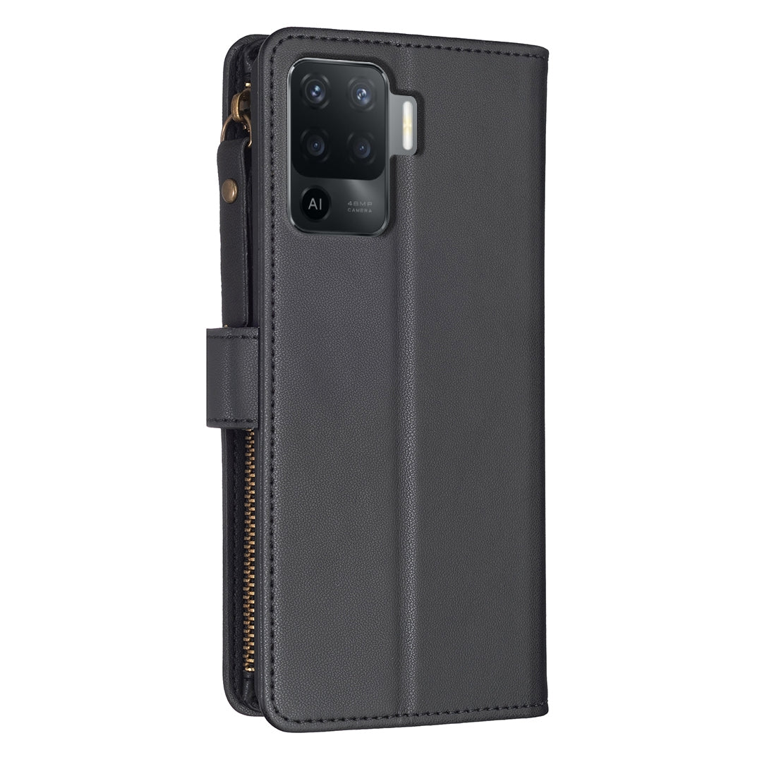 OPPO Reno5 F Leather Flip Phone Case with Zipper Wallet and 9 Card Slots, Durable PU + TPU Material