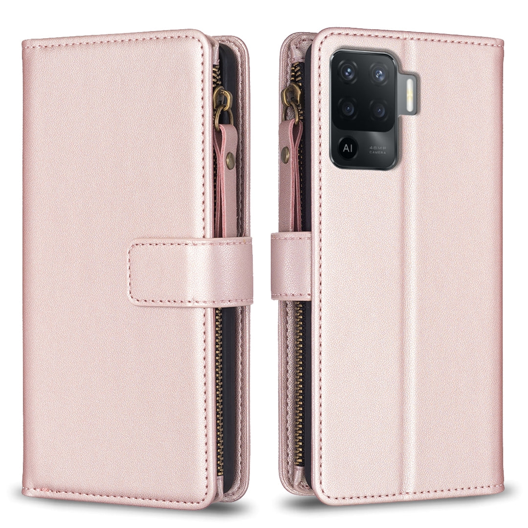 OPPO A94 4G Leather Flip Phone Case with Zipper Wallet and 9 Card Slots, Durable PU + TPU Material