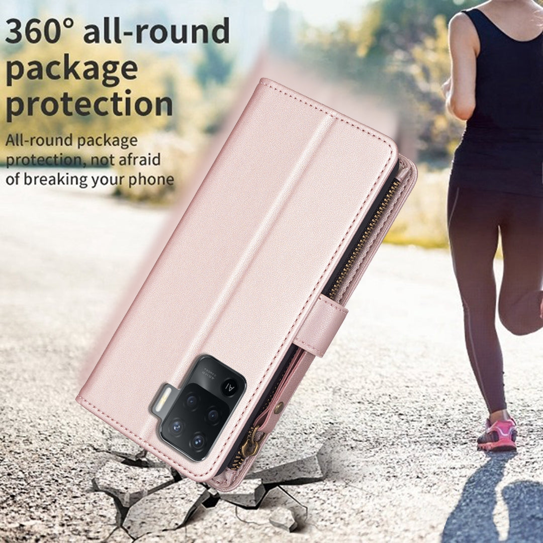 OPPO A94 4G Leather Flip Phone Case with Zipper Wallet and 9 Card Slots, Durable PU + TPU Material