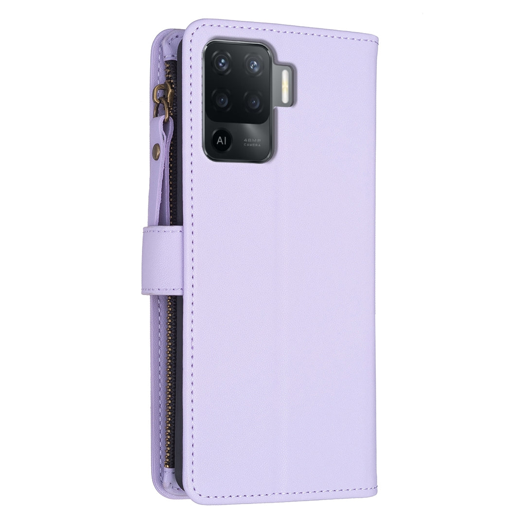 OPPO A94 4G Leather Flip Phone Case with Zipper Wallet and 9 Card Slots, Durable PU + TPU Material