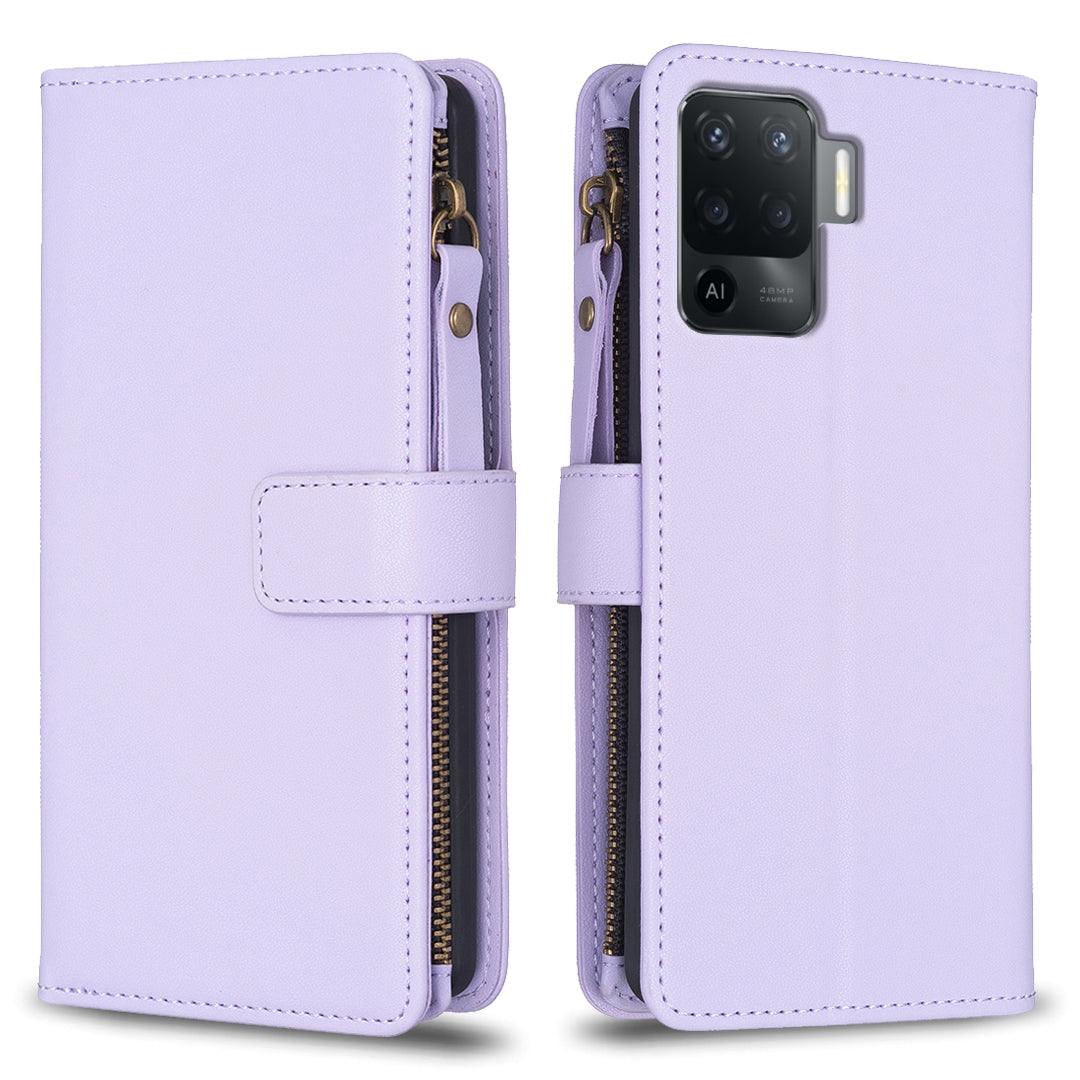 OPPO Reno5 F Leather Flip Phone Case with Zipper Wallet and 9 Card Slots, Durable PU + TPU Material