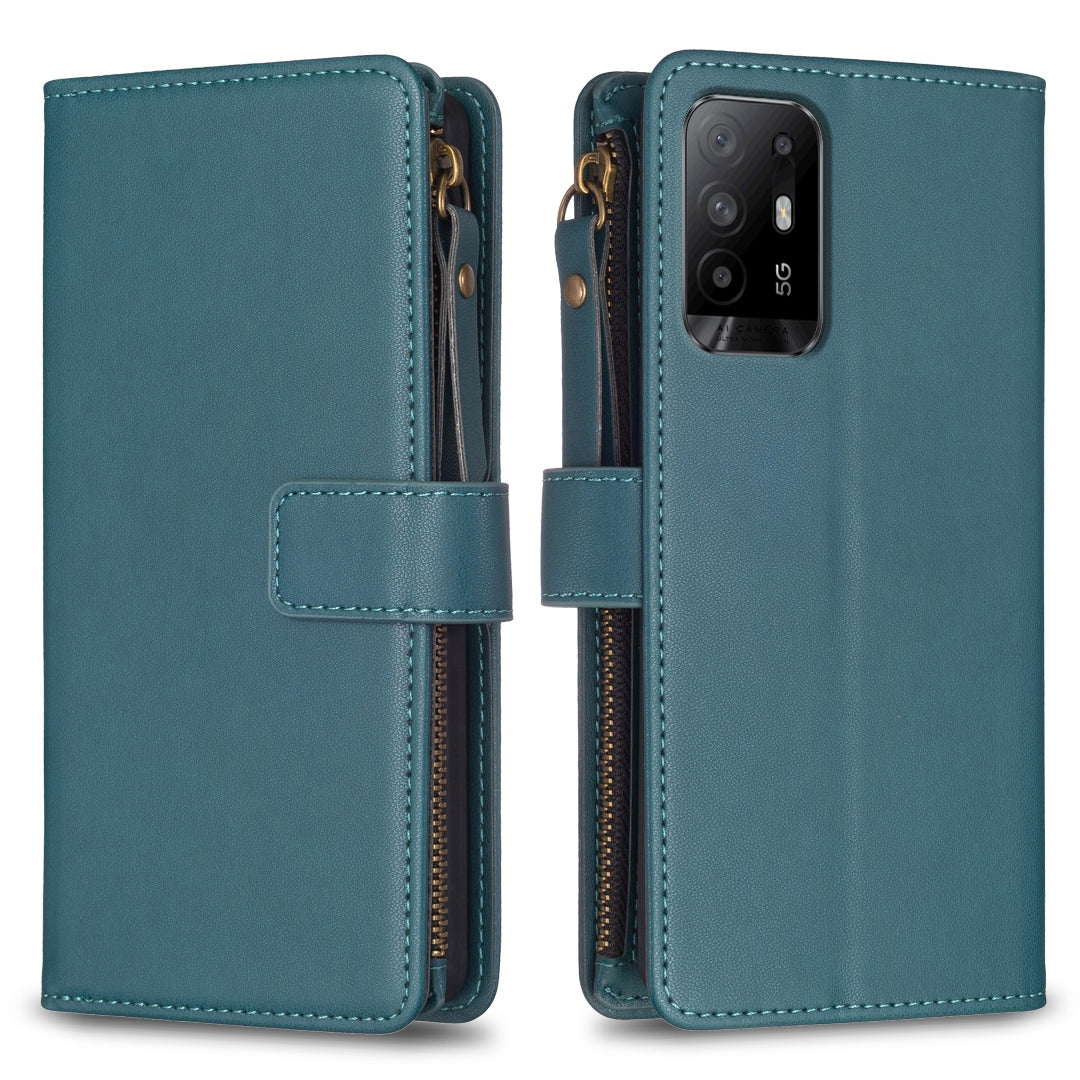 OPPO F19 Pro+ Leather Flip Phone Case with Zipper Wallet and 9 Card Slots, Durable PU + TPU Material