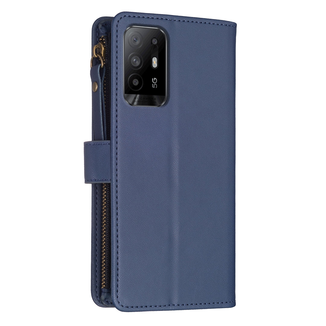 OPPO F19 Pro+ Leather Flip Phone Case with Zipper Wallet and 9 Card Slots, Durable PU + TPU Material