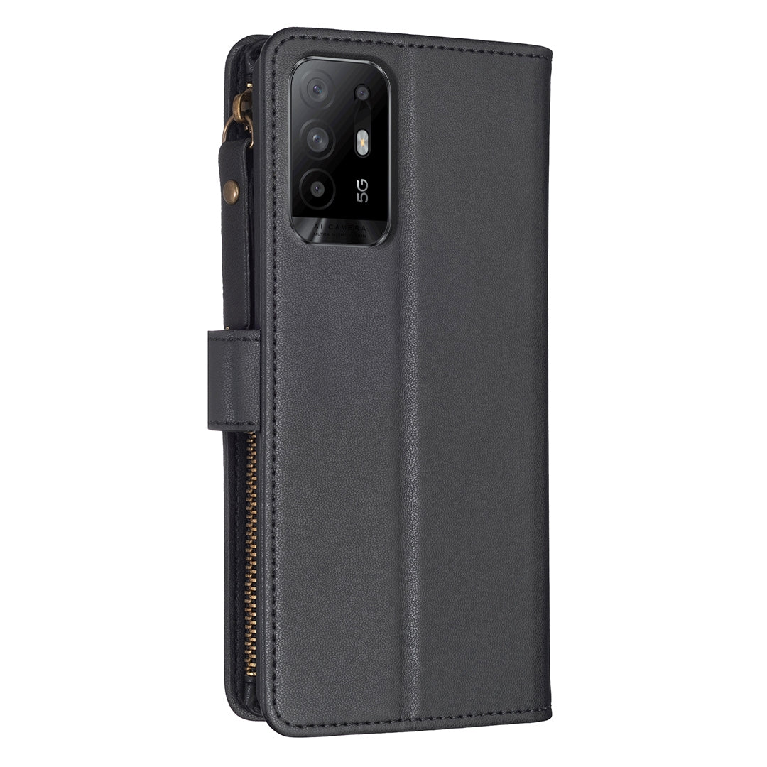 OPPO Reno5 Z 5G Leather Flip Phone Case with Zipper Wallet and 9 Card Slots, Durable PU + TPU Material
