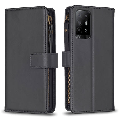 OPPO A94 5G Leather Flip Phone Case with Zipper Wallet and 9 Card Slots, Durable PU + TPU Material