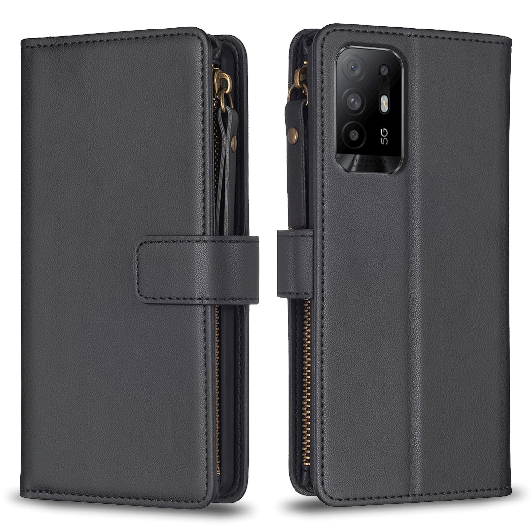 OPPO Reno5 Z 5G Leather Flip Phone Case with Zipper Wallet and 9 Card Slots, Durable PU + TPU Material