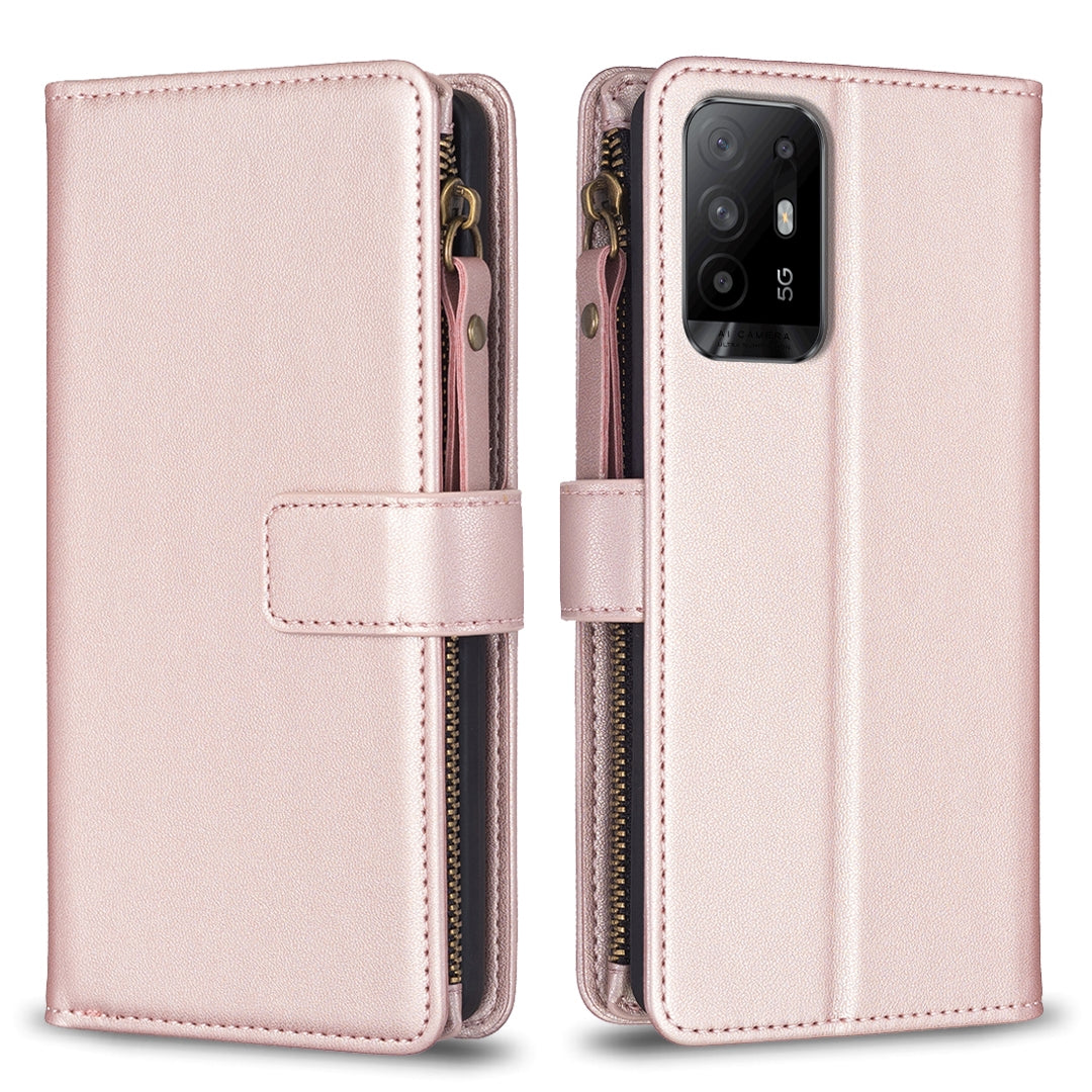 OPPO F19 Pro+ Leather Flip Phone Case with Zipper Wallet and 9 Card Slots, Durable PU + TPU Material