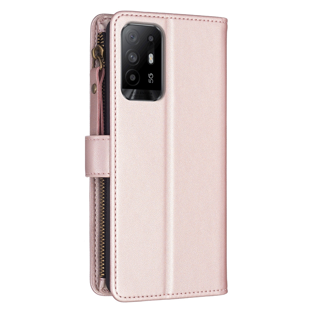 OPPO A94 5G Leather Flip Phone Case with Zipper Wallet and 9 Card Slots, Durable PU + TPU Material