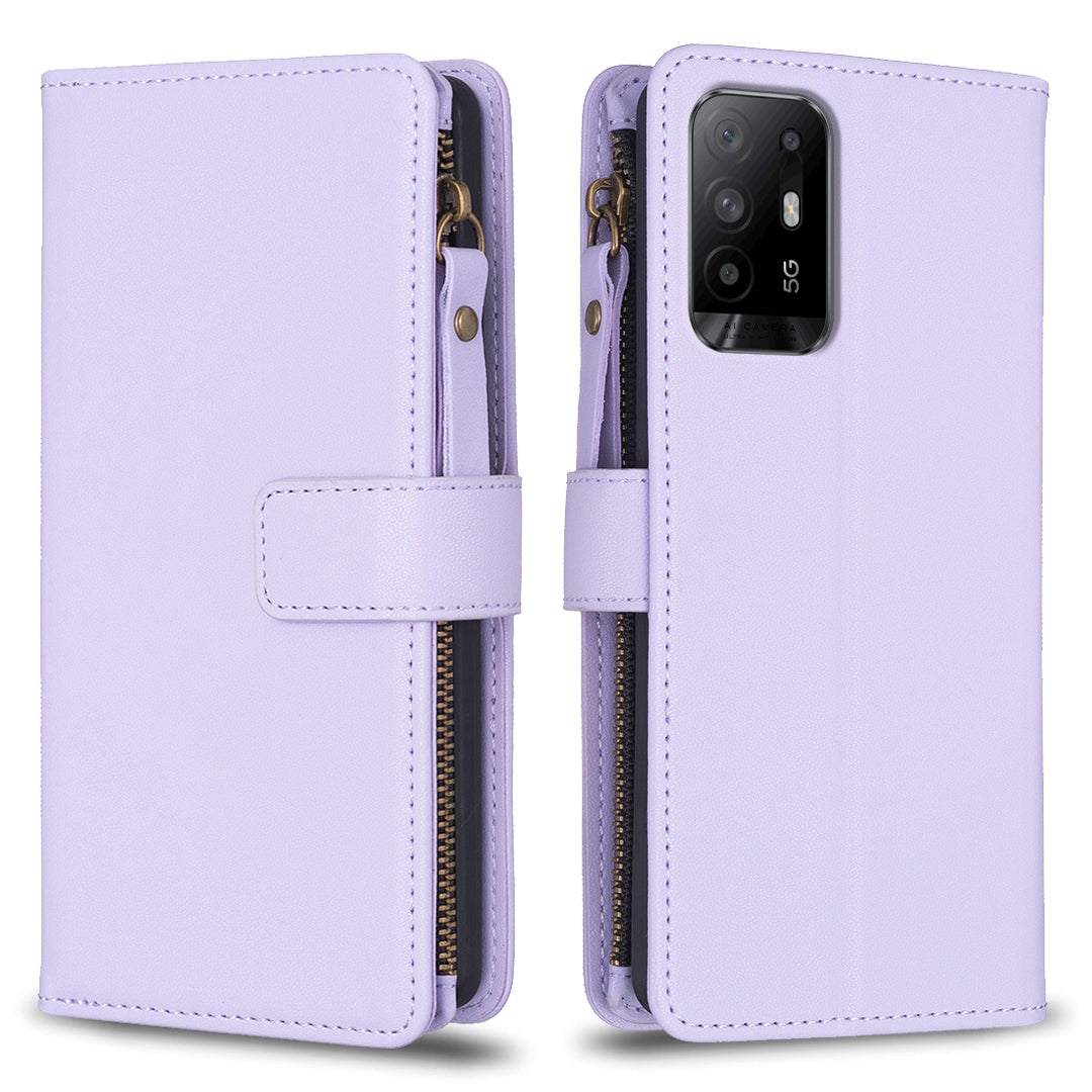 OPPO A94 5G Leather Flip Phone Case with Zipper Wallet and 9 Card Slots, Durable PU + TPU Material