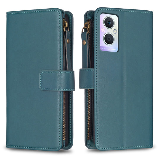 OPPO A96 5G Leather Flip Phone Case with Zipper Wallet and 9 Card Slots, Durable PU + TPU Material