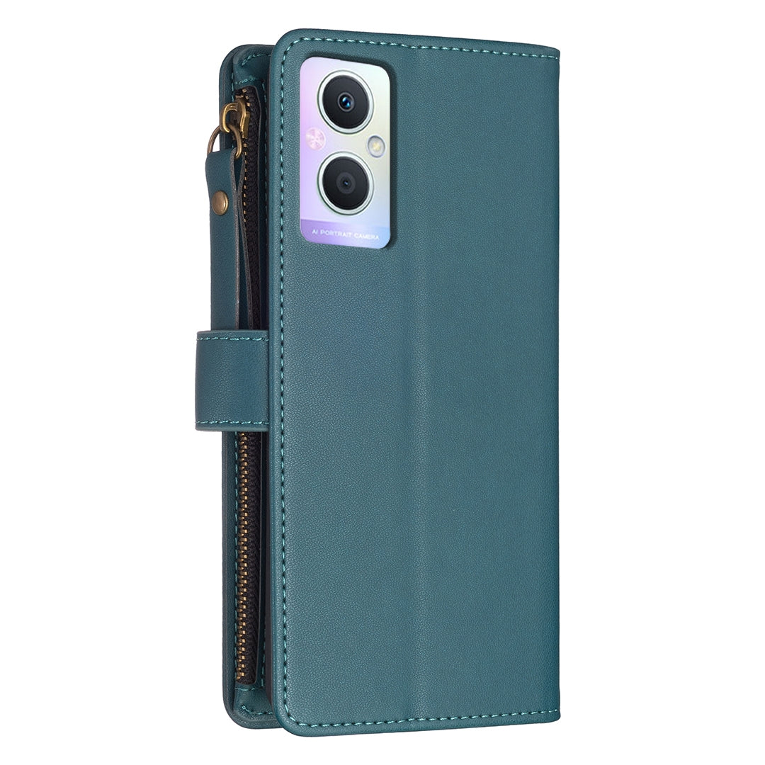 OPPO Reno7 Z Leather Flip Phone Case with Zipper Wallet and 9 Card Slots, Durable PU + TPU Material