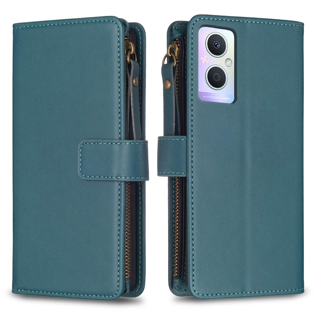 OPPO Reno7 Z Leather Flip Phone Case with Zipper Wallet and 9 Card Slots, Durable PU + TPU Material