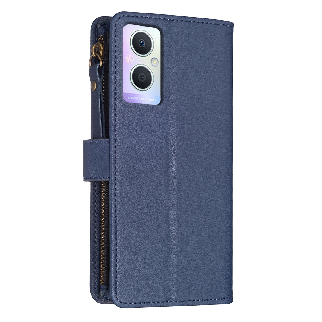 OPPO A96 5G Leather Flip Phone Case with Zipper Wallet and 9 Card Slots, Durable PU + TPU Material