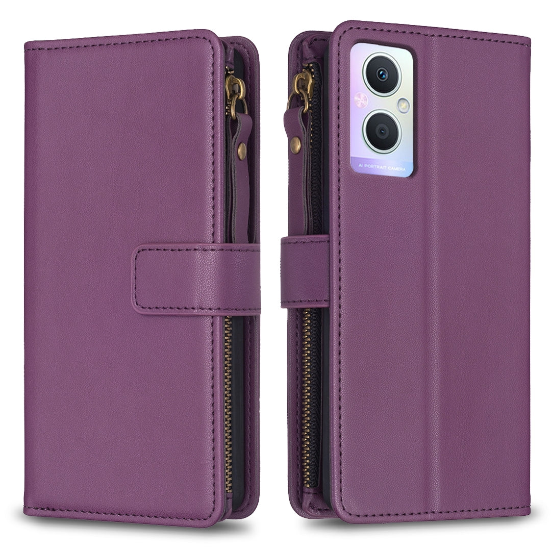 OPPO A96 5G Leather Flip Phone Case with Zipper Wallet and 9 Card Slots, Durable PU + TPU Material