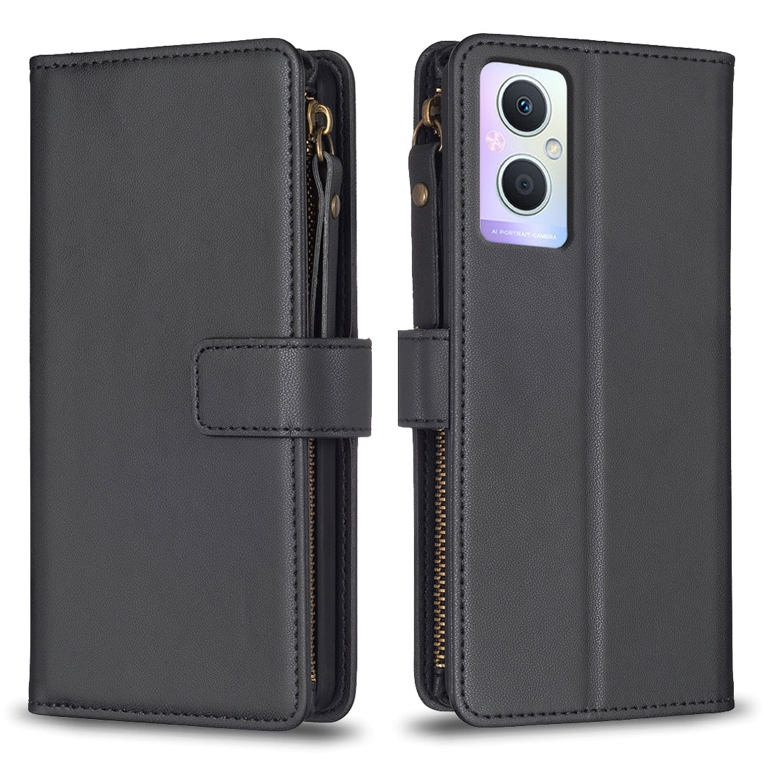 OPPO A96 5G Leather Flip Phone Case with Zipper Wallet and 9 Card Slots, Durable PU + TPU Material