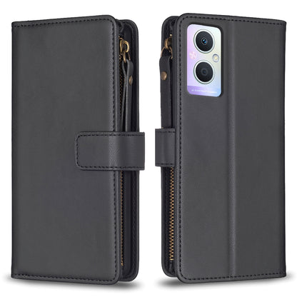 OPPO Reno7 Z Leather Flip Phone Case with Zipper Wallet and 9 Card Slots, Durable PU + TPU Material