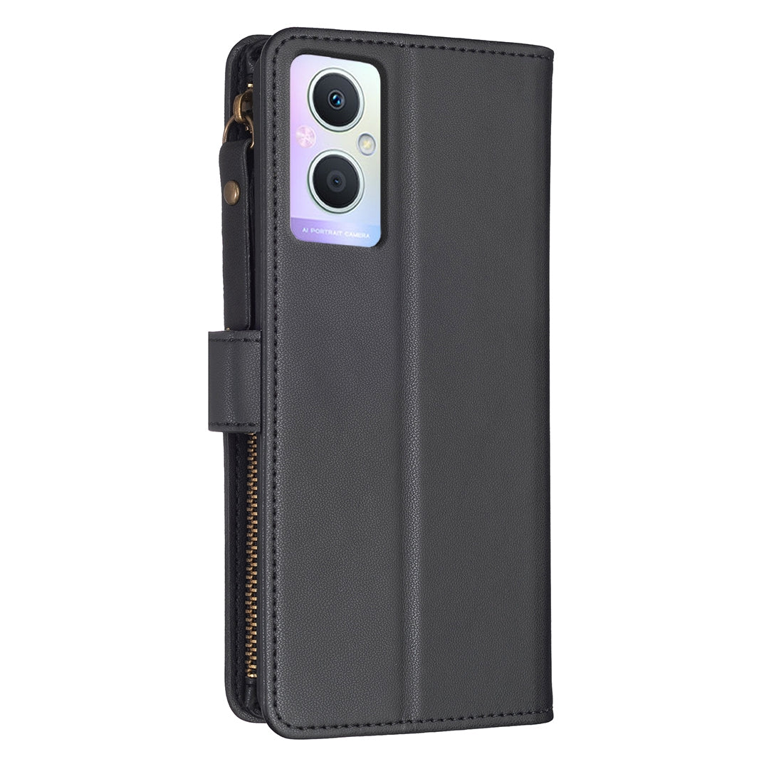 OPPO Reno7 Z Leather Flip Phone Case with Zipper Wallet and 9 Card Slots, Durable PU + TPU Material