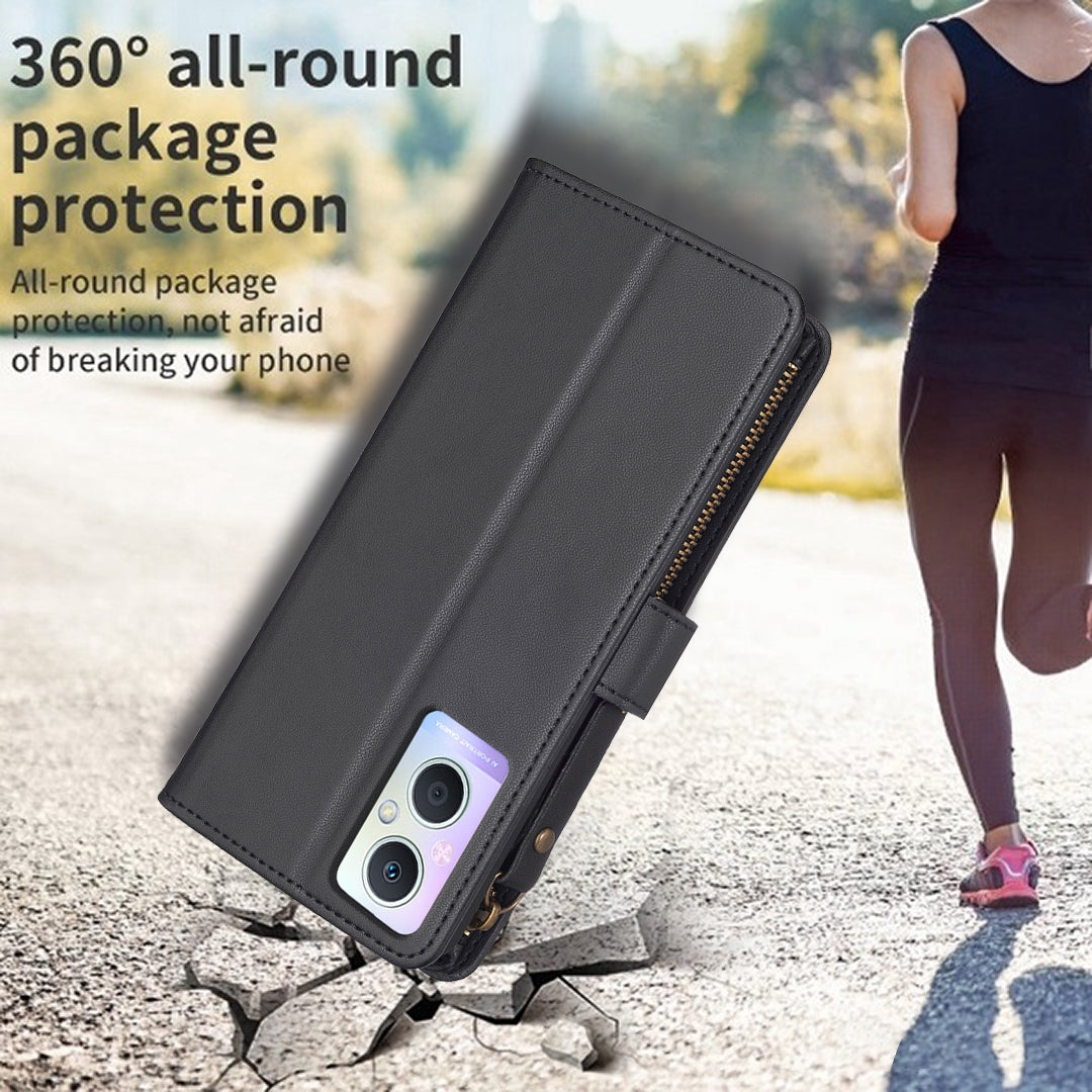 OPPO A96 5G Leather Flip Phone Case with Zipper Wallet and 9 Card Slots, Durable PU + TPU Material