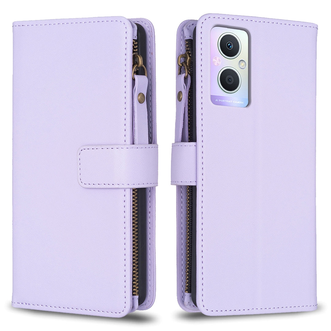 OPPO A96 5G Leather Flip Phone Case with Zipper Wallet and 9 Card Slots, Durable PU + TPU Material