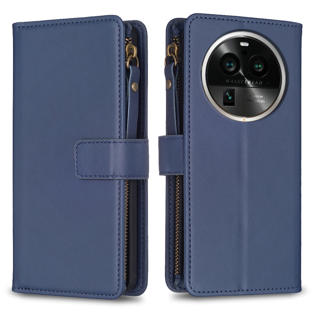 OPPO Find X6 Pro Leather Flip Phone Case with Zipper Wallet and 9 Card Slots, Durable PU + TPU Material
