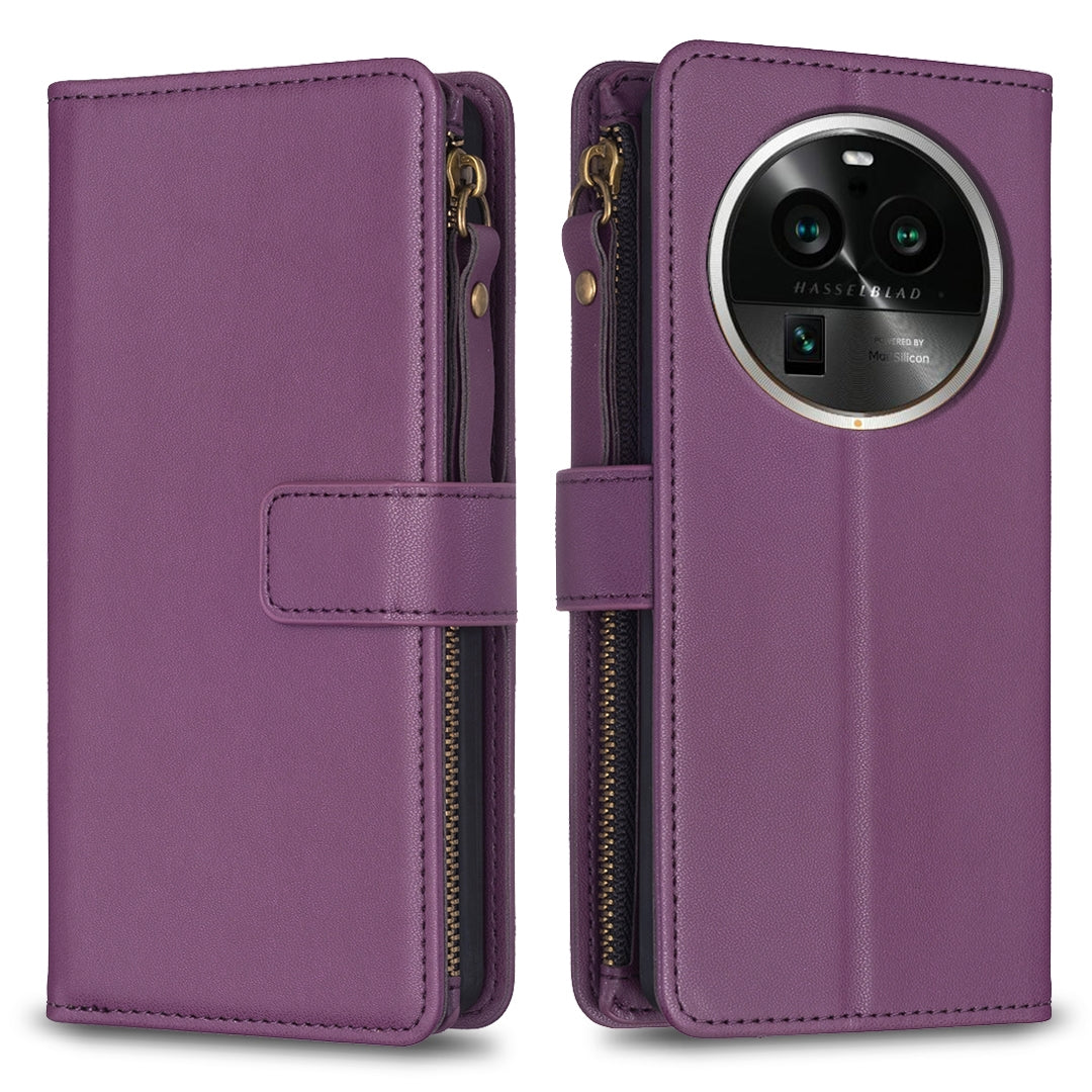 OPPO Find X6 Pro Leather Flip Phone Case with Zipper Wallet and 9 Card Slots, Durable PU + TPU Material
