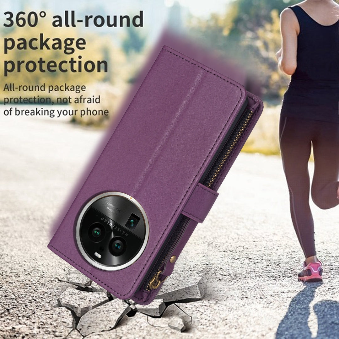 OPPO Find X6 Pro Leather Flip Phone Case with Zipper Wallet and 9 Card Slots, Durable PU + TPU Material