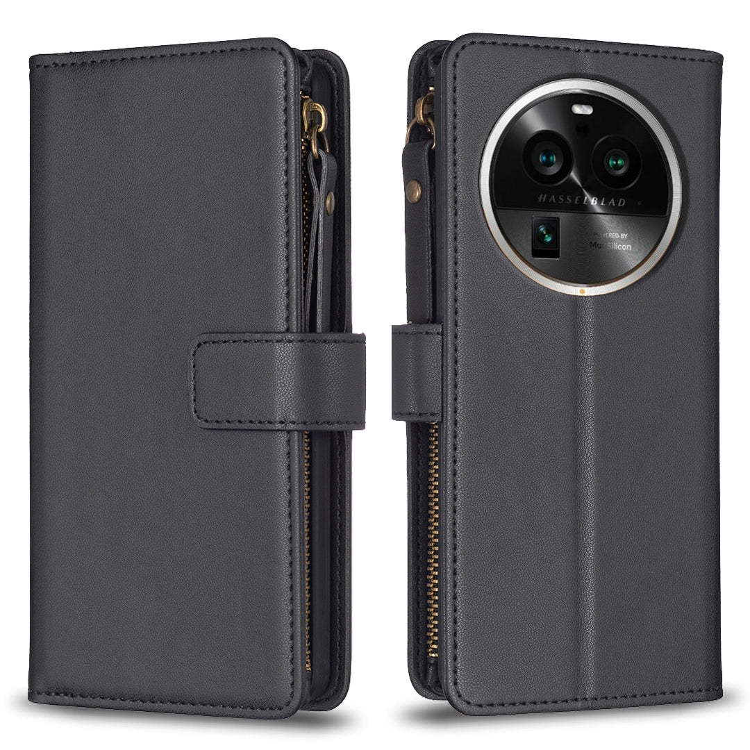 OPPO Find X6 Pro Leather Flip Phone Case with Zipper Wallet and 9 Card Slots, Durable PU + TPU Material