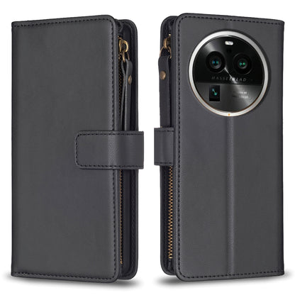 OPPO Find X6 Pro Leather Flip Phone Case with Zipper Wallet and 9 Card Slots, Durable PU + TPU Material