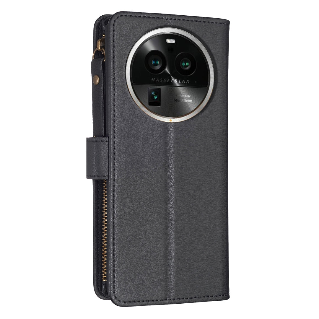 OPPO Find X6 Pro Leather Flip Phone Case with Zipper Wallet and 9 Card Slots, Durable PU + TPU Material