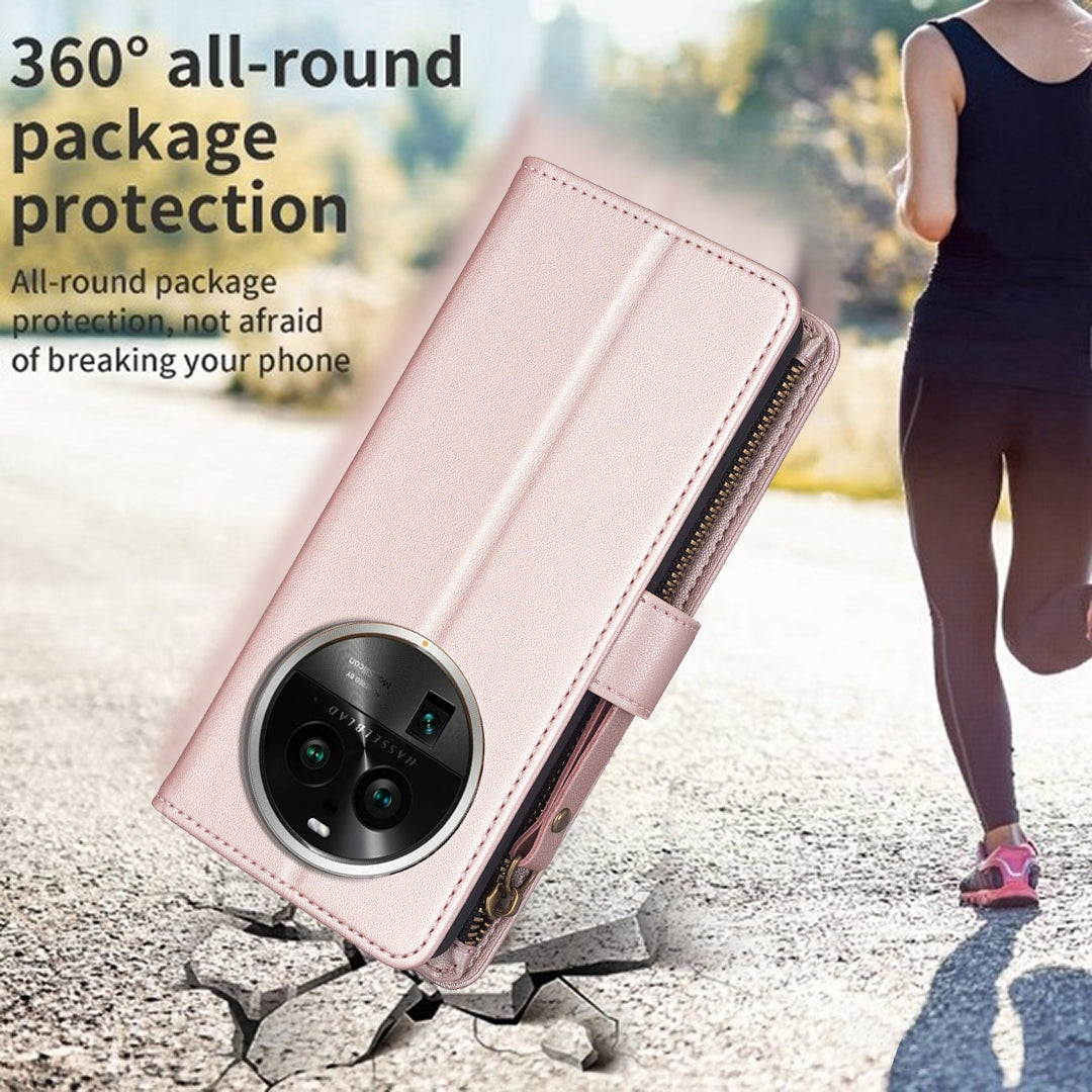 OPPO Find X6 Pro Leather Flip Phone Case with Zipper Wallet and 9 Card Slots, Durable PU + TPU Material