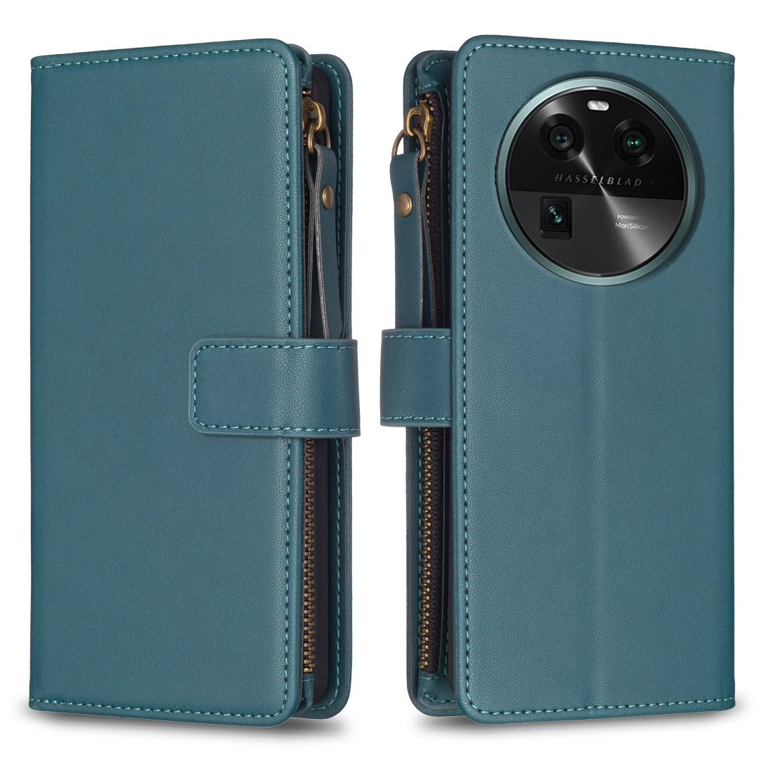 OPPO Find X6 Leather Flip Phone Case with Zipper Wallet and 9 Card Slots, Durable PU + TPU Material