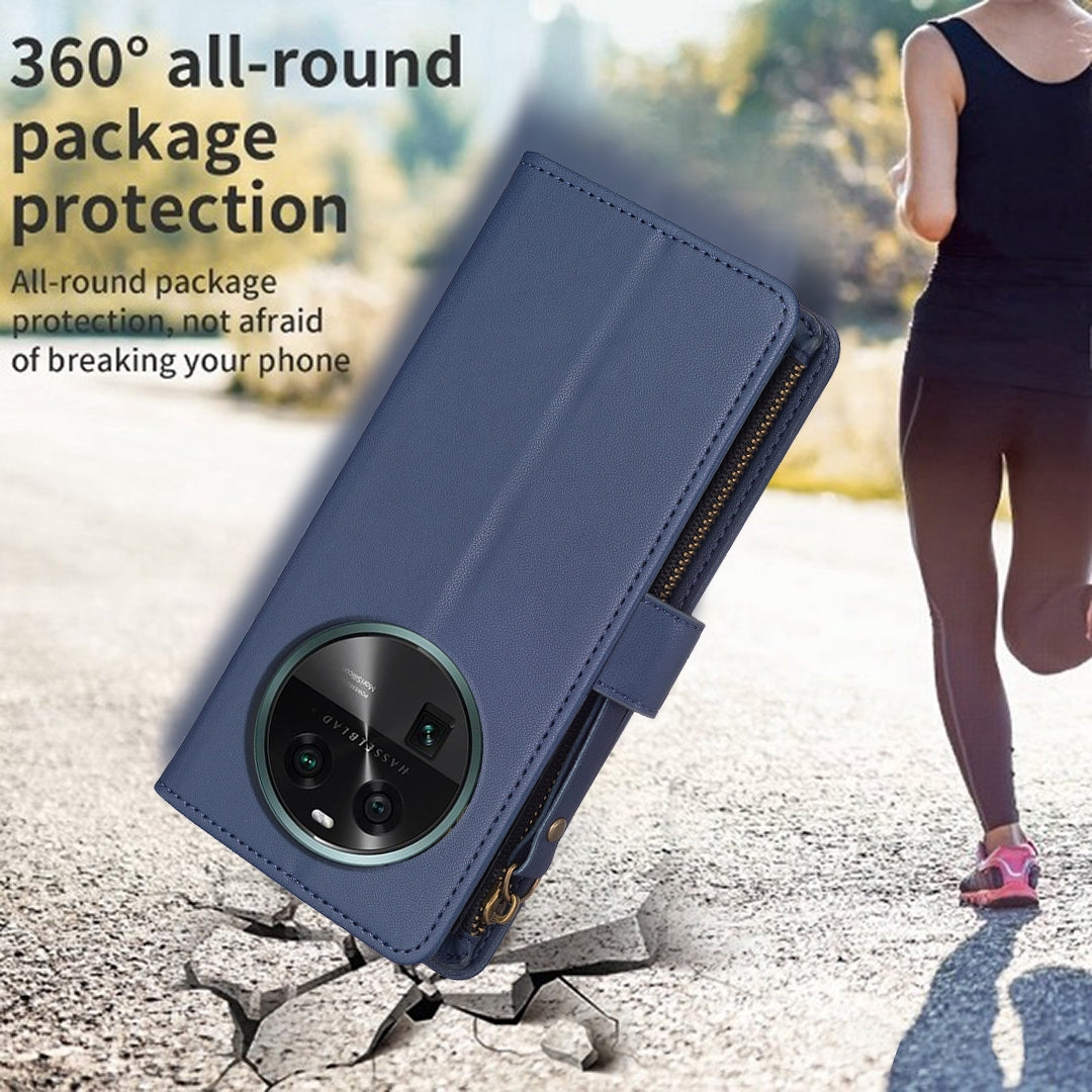 OPPO Find X6 Leather Flip Phone Case with Zipper Wallet and 9 Card Slots, Durable PU + TPU Material