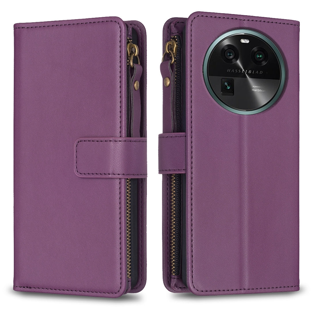 OPPO Find X6 Leather Flip Phone Case with Zipper Wallet and 9 Card Slots, Durable PU + TPU Material