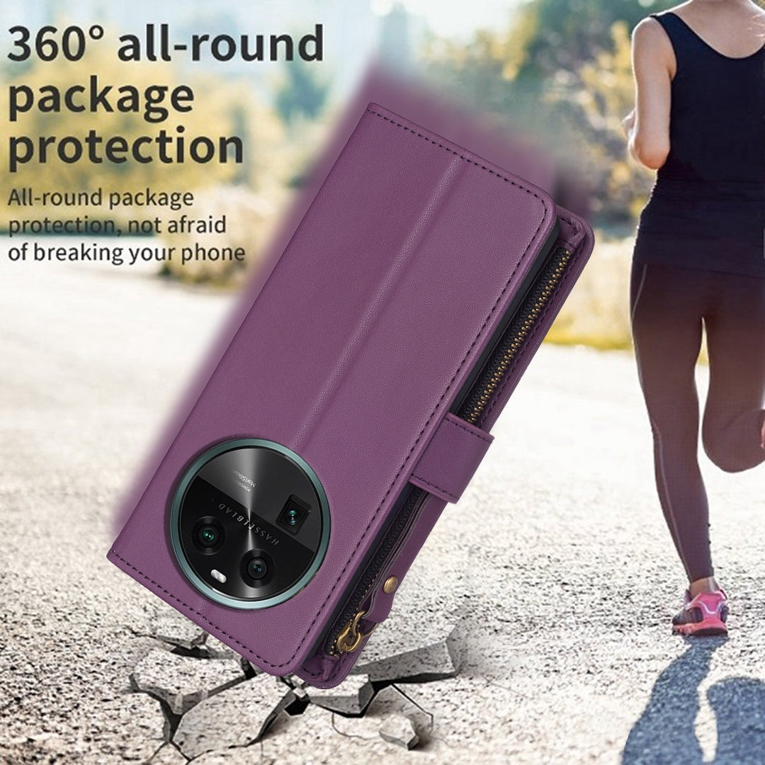 OPPO Find X6 Leather Flip Phone Case with Zipper Wallet and 9 Card Slots, Durable PU + TPU Material