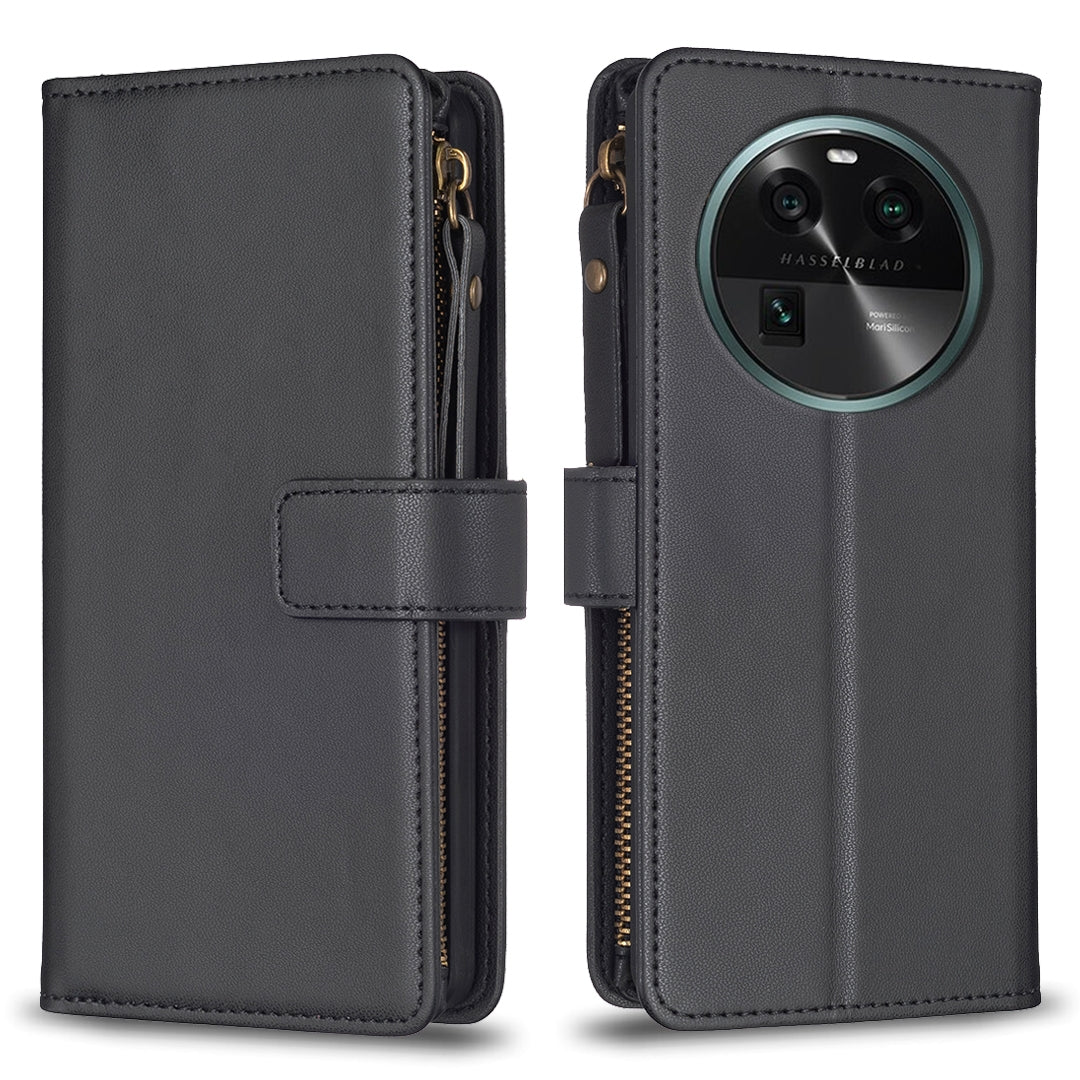 OPPO Find X6 Leather Flip Phone Case with Zipper Wallet and 9 Card Slots, Durable PU + TPU Material