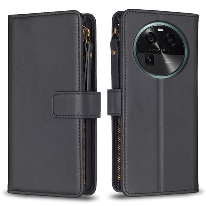 OPPO Find X6 Leather Flip Phone Case with Zipper Wallet and 9 Card Slots, Durable PU + TPU Material