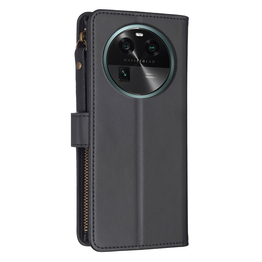 OPPO Find X6 Leather Flip Phone Case with Zipper Wallet and 9 Card Slots, Durable PU + TPU Material