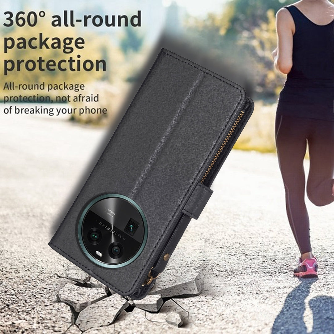 OPPO Find X6 Leather Flip Phone Case with Zipper Wallet and 9 Card Slots, Durable PU + TPU Material