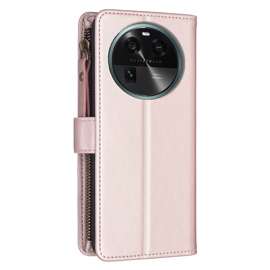 OPPO Find X6 Leather Flip Phone Case with Zipper Wallet and 9 Card Slots, Durable PU + TPU Material