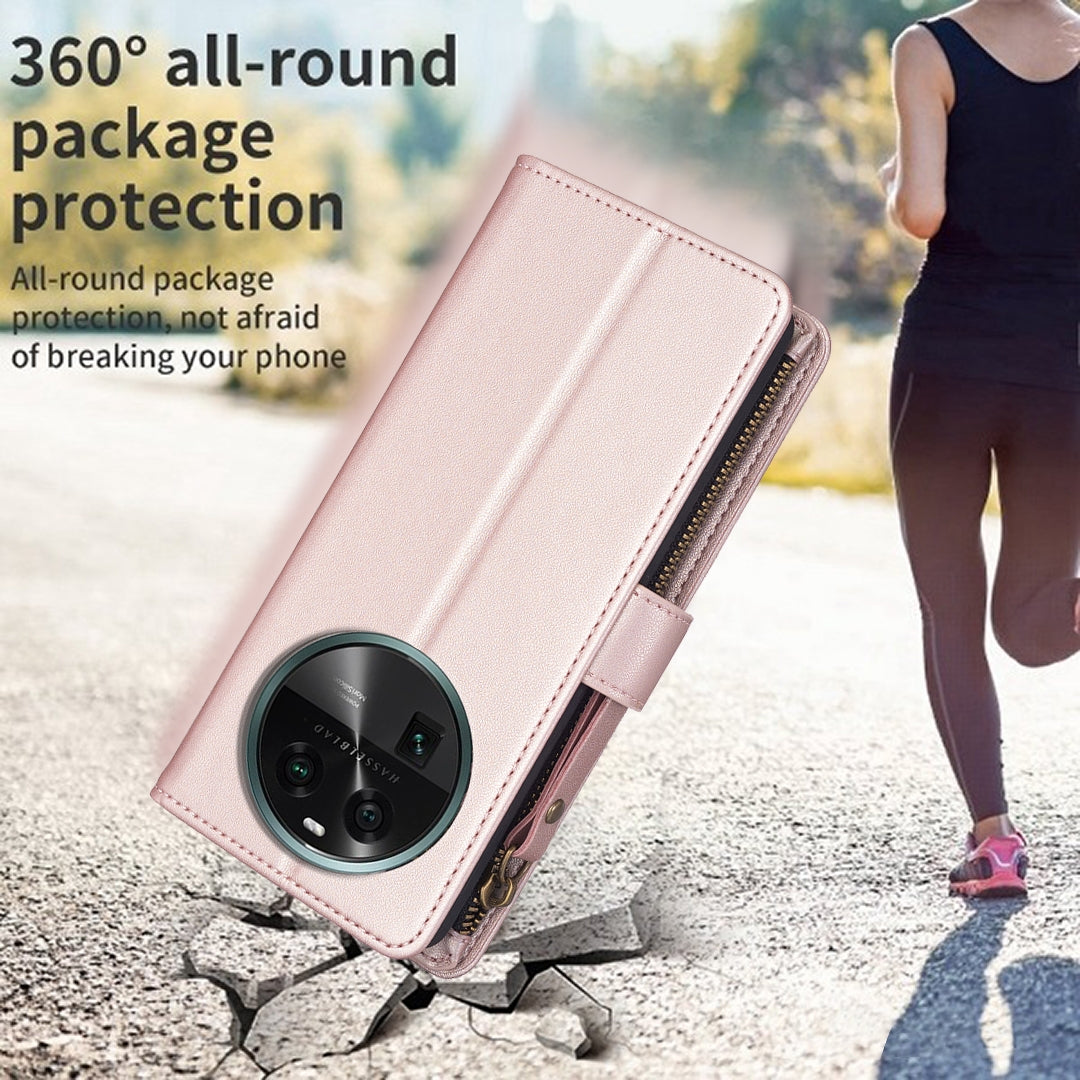 OPPO Find X6 Leather Flip Phone Case with Zipper Wallet and 9 Card Slots, Durable PU + TPU Material