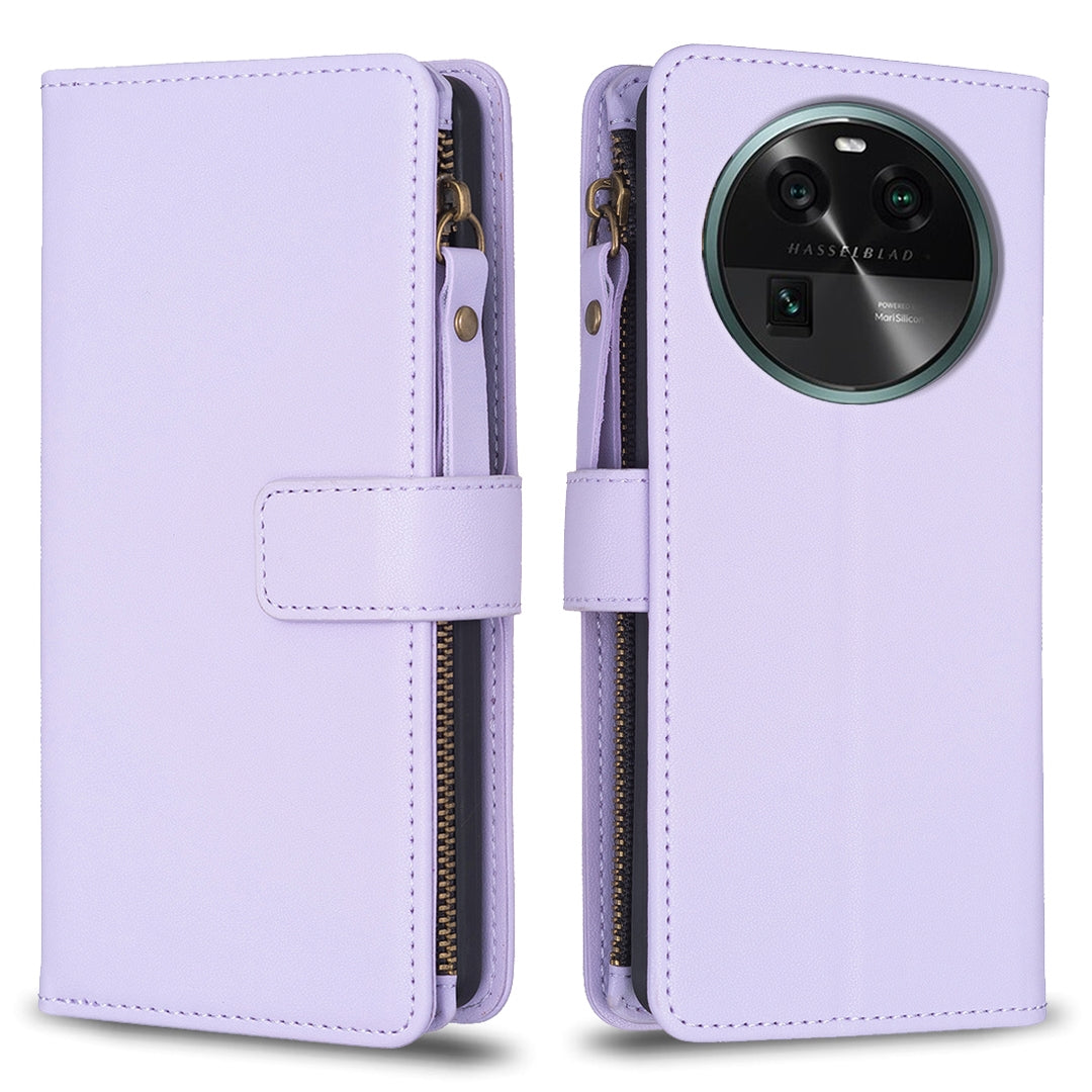 OPPO Find X6 Leather Flip Phone Case with Zipper Wallet and 9 Card Slots, Durable PU + TPU Material