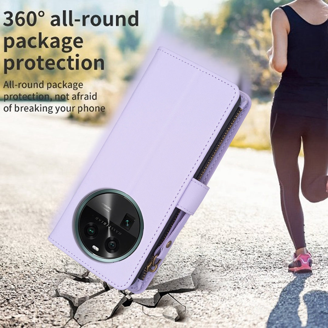 OPPO Find X6 Leather Flip Phone Case with Zipper Wallet and 9 Card Slots, Durable PU + TPU Material