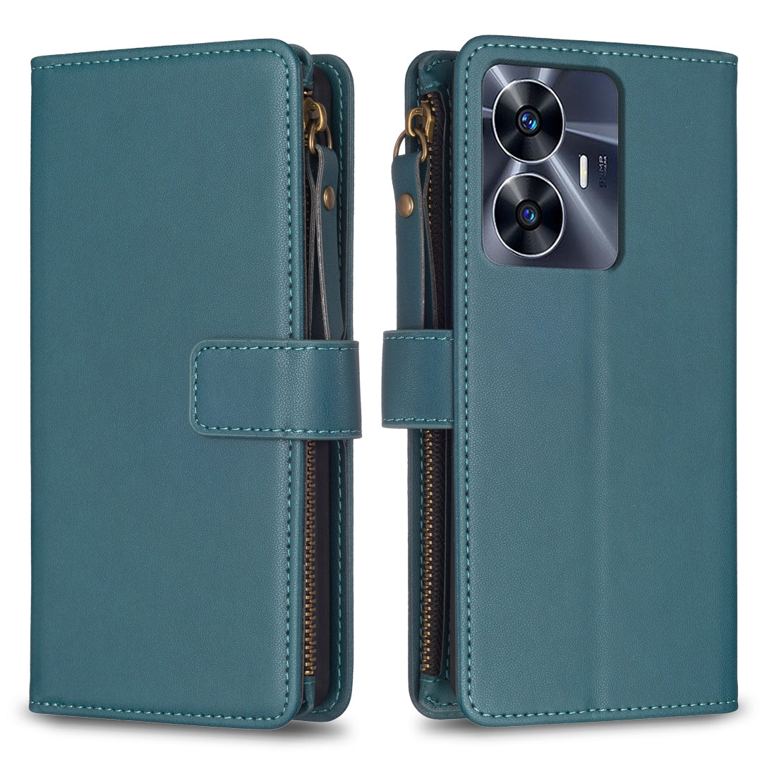 Realme C55 Leather Flip Phone Case with Zipper Wallet and 9 Card Slots, Durable PU + TPU Material